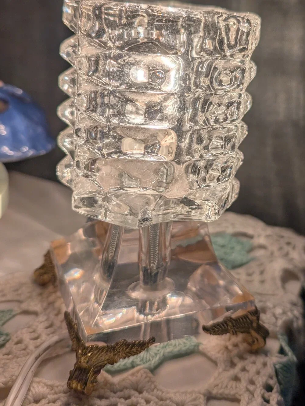 Vintage Hollywood Regency Heavy Ice Glass Accent Table Lamp with Ormolu Feet